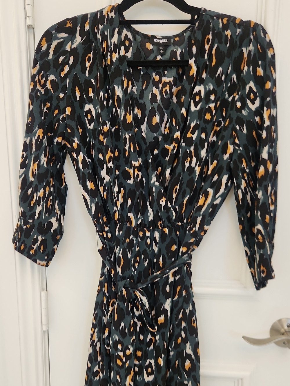 Express Green and Black Wrap Dress with Mustard Accent